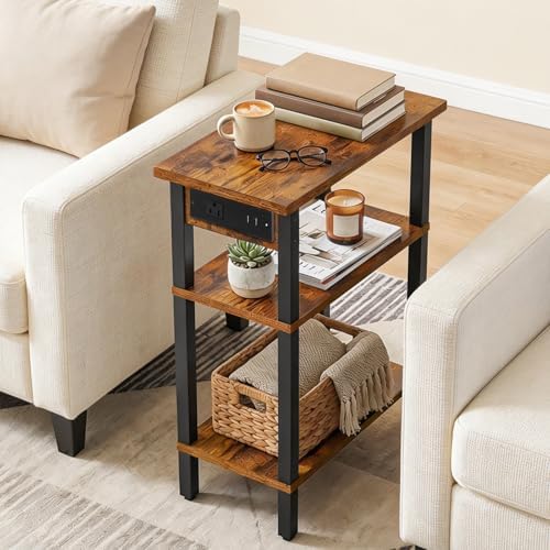 HOOBRO Narrow Side Table, Set of 2, 3-Tier Slim End Table with Charging Station, Skinny Nightstand with Open Storage, for Small Spaces, Living Room, Bedroom, Study, Rustic Brown and Black BF340UBZP201 - Image 2