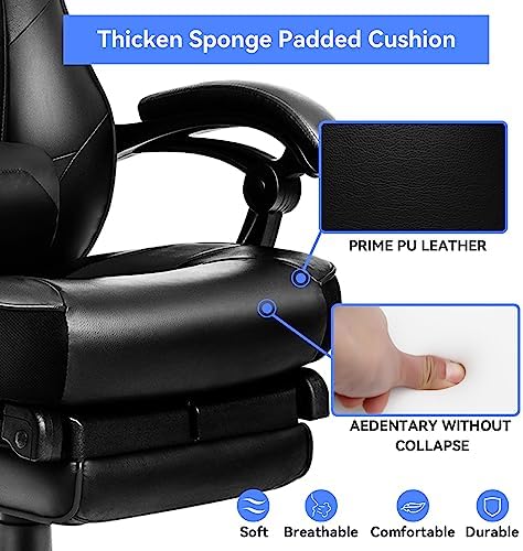 ELECWISH Ergonomic Gaming Chair, Reclining Computer Chair, Black | Widen Thicken Seat, Footrest, Lumbar Support, Headrest, Big and Tall, PU Leather, High Back Office Chair, Adults, Home Office - Image 5
