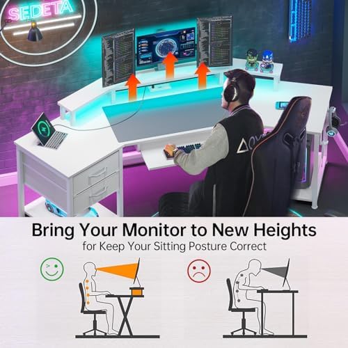 SEDETA 79" Gaming Desk with Fabric Drawers Storage, LED Light & Power Strip - Image 6