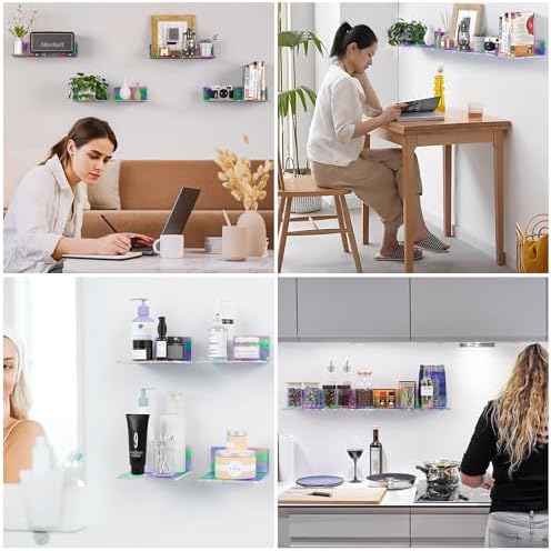 Sezanrpt 6 Inches Iridescent Small Wall Shelves, Acrylic Floating Shelf for Small Space, Acrylic Display Ledges for Funko Pop Figures, Home Décor, Plants, Smart Speaker, Digital Clock, 4 Pack - Image 6