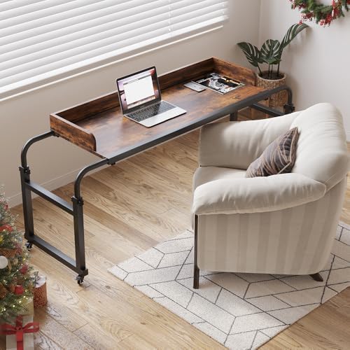 Furist Overbed Table with 360° Wheels, Queen Size Mobile Bed Desk, Recliner Table Over Bed Table Adjustable Height and Length Overbed Table with Heavy Duty Metal Leg for Hospital and Home use by FuristTec