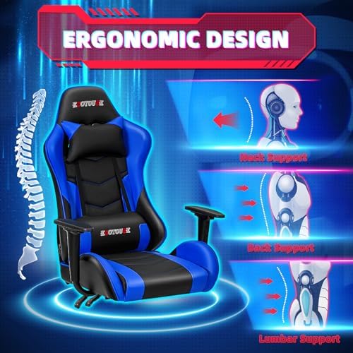 ECOTOUGE Ergonomic PC Gaming Massage Recliner Chair | Racing PU Leather, Swivel Rocker, Headrest, Lumbar Pillow, Desk Chair, Adjustable Height, Sturdy Base, Black & Blue - Image 4