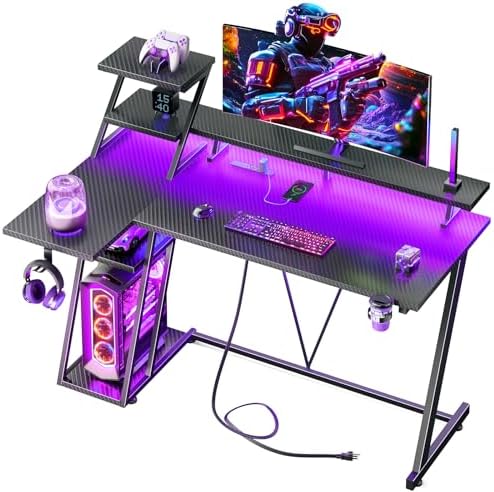 Korfile 47 Inch Gaming Desk with LED Lights & Power Outlet, L Shaped Computer Desk with Storage Shelves, Gamer Workstations with Monitor Stand for Bedroom, Carbon Fiber Black by Korfile