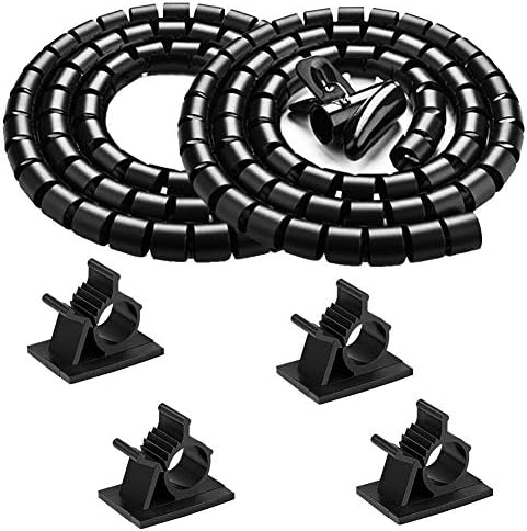 Black Computer Cable Management Wire Cover Electrical Cord Hider Solutions 2 PCS, VIWIEU Tangle Sprial Cable Tube with 4 Adhesive Cable Clips for TV Laptop Floor Home & Office by VIWIEU