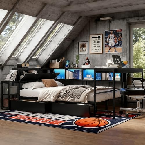 Bellemave Twin Size Corner Bed Frame with Storage Drawers, Bookcase and Side Desk, Twin Corner Bed with Light and Charging Station, Daybed for Bedroom, Living Room, Guest Room Black - Image 4