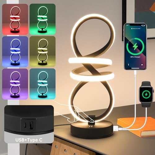Modern LED Table Lamp, Spiral RGB Table Lamp, Touch Dimmable LED Nightstand Lamp with USB/Type C, 7 Colors & 10 Light Modes Bedside Lamp for Bedroom, Living Room, Office, Cool Lamps for Ideal Gift by BuyNow%EF%BC%81
