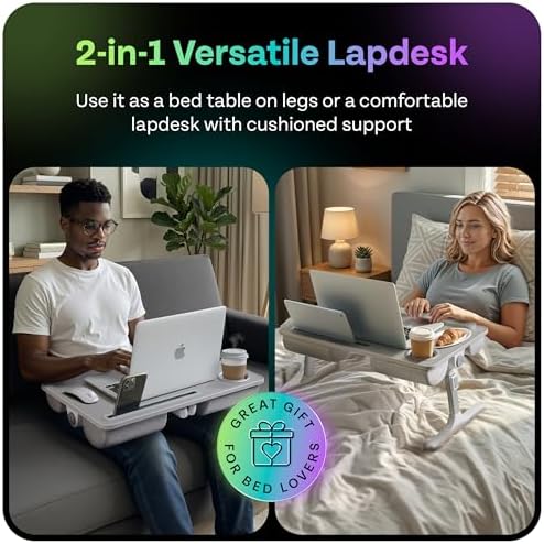 Lap Desk with Legs & Cushions: 2-in-1 Foldable Bed Desk for Adults - One-Touch Height Adjustment, Bed Table Tray Hold: up to 15.6“ Laptop, Mouse Cup Phone - Laptop Stand Desks for Bed (Gray) - Image 2