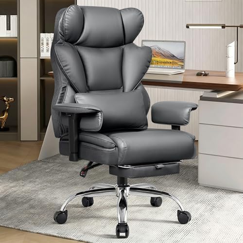 BESTFAIR Big & Tall Ergonomic Office Chair Reclining with Footrest, Gray | Heavy Duty Oversized Gaming Chair, Lumbar Support for Prolonged Sitting, 23.6" Padded Wide Seat, Adjustable Arms, PU Leather by BESTFAIR