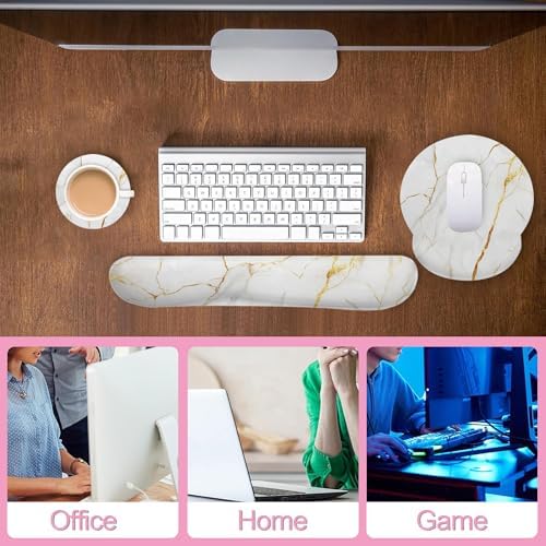 White Gold Flowing Marble Mouse Pad with Wrist Rest and Keyboard Wrist Rest Set, Non-Slip Rubber Base Memory Foam Mouse Pad Set for Women, Office Desk Accessories, Gaming - Image 6
