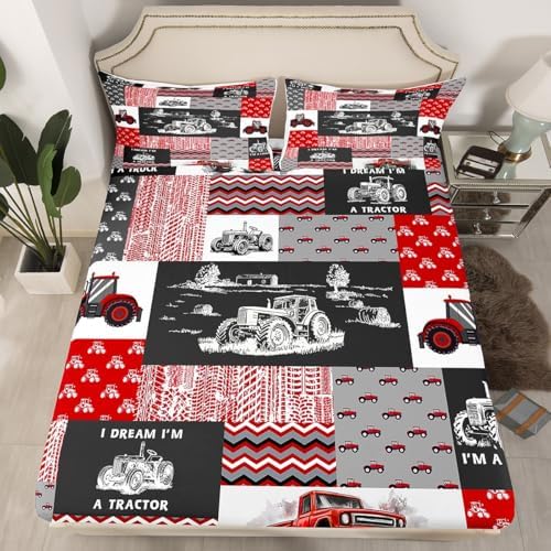 Erosebridal Red Tractor Bedding Set for Boys Twin,Construction Tractor Bed Sheets Kids Teens Equipment Trucks Sheet Set Black White Construction Vehicle Fitted Sheet Bedroom Decor - Image 2