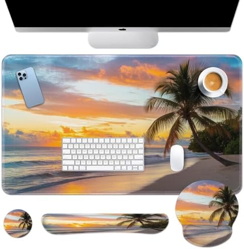 Arttown Keyboard Mouse Pad Set, 4 in 1 Desk Mat Set Beach Ocean by Arttown