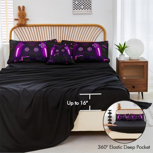 PERFEMET 6 Pieces Bed in A Bag Gamer Comforter Set Full Size Purple Gaming Bedding Set for Boys Kids Teen Soft Lightweight Video Game Black Quilt Bedspread Set(Purple, Full) - Image 5