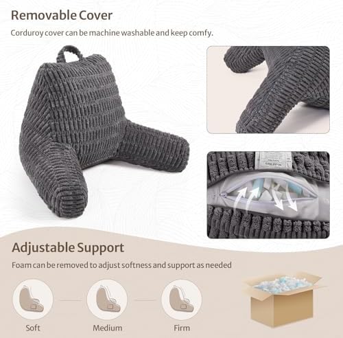 Blissful Diary Reading Pillow, Backrest Pillow with Shredded Memory Foam for Adult & Children, Designed for Bed and Couch Sitting Up, Includes Arms, Pockets and Washable Cover, Dark Gray - Image 5