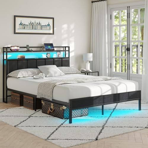 Full Size Bed Frame with Upholstered Headboard and 2-Tier Storage Shelves - Image 3