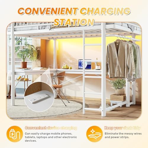 KEIKI Queen Size Metal Loft Bed Frame with L-Shaped Desk, White - Image 5