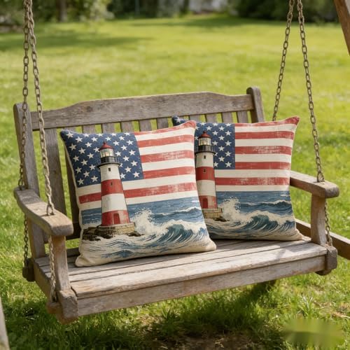 Patriotic Lighthouse Throw Pillow Covers, Linen, 18x18 Inch, Set of 2, Farmhouse Style, 4th of July Independence Day Décor - Image 4
