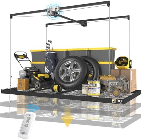 FERO Motorized Overhead Garage Storage Rack with Remote Control, Heavy-Duty Ceiling Mounted Organizer, 4x8 FT Ceiling Storage Lift System, Space-Saving Hanging Garage Shelves, 325 LBS Capacity by FERO