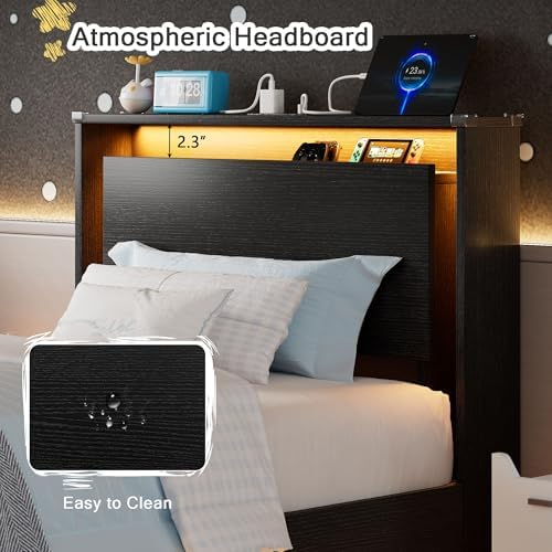 Einhomn Twin Bed Frames with LED Lights and Charging Station - Wood Floating Bed Frame with Storage Headboard, Adhesive Slats, Kick-Free & Noise-Free Design, Easy Assembly, Black - Image 3