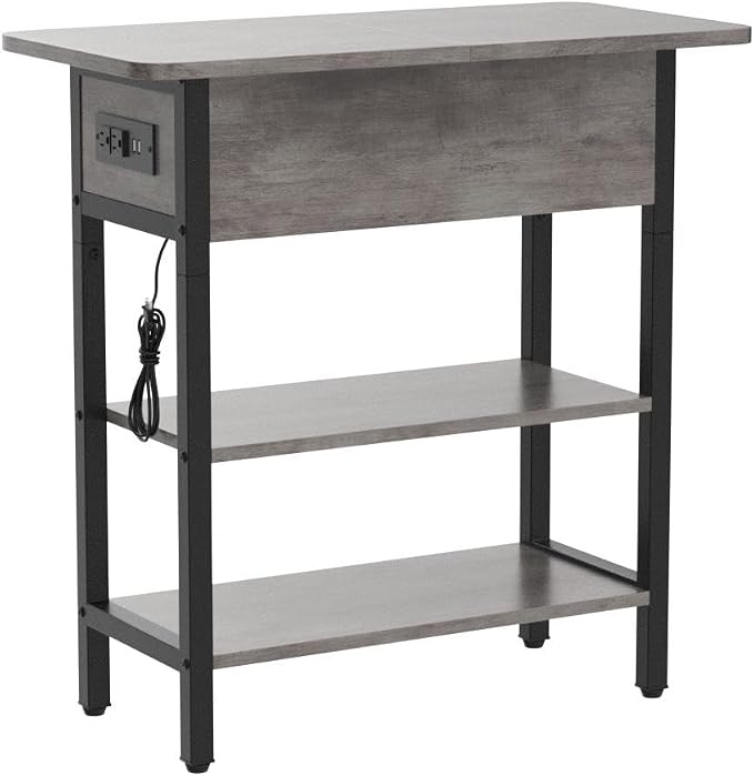 Yoobure End Table with Charging Station, Flip Top Side Table with USB Ports and Outlets, Sofa Couch Table Bedside Table for Living Room Bedroom, Narrow Nightstand with Shelves for Small Space Gray - Image 5