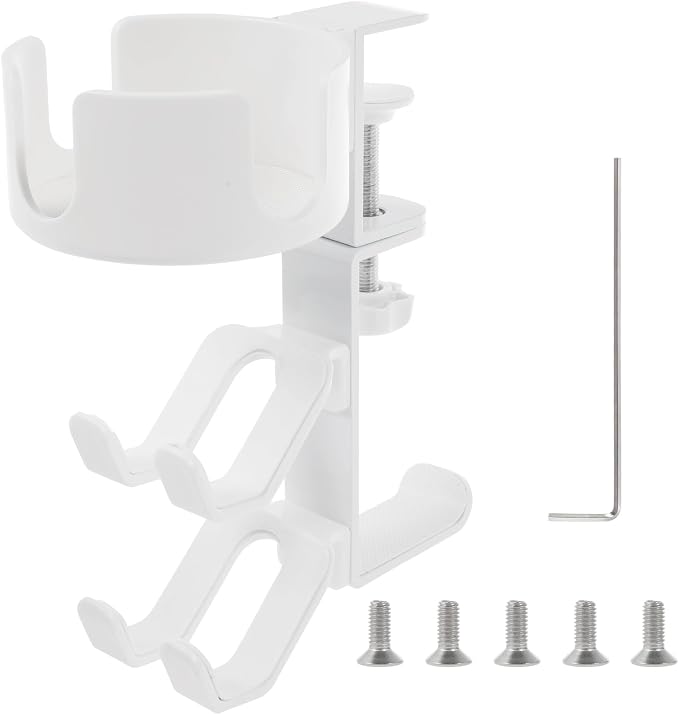 4 in 1 Desk Cup Holder with Headphone Hanger and Controller Stand Gaming Accessories, Under Desk Clamp Rotatable Headset Holder,Adjustable&Rotating Upgraded Arm Clamp,Desk Controller Holder (White) by QENWKXZ