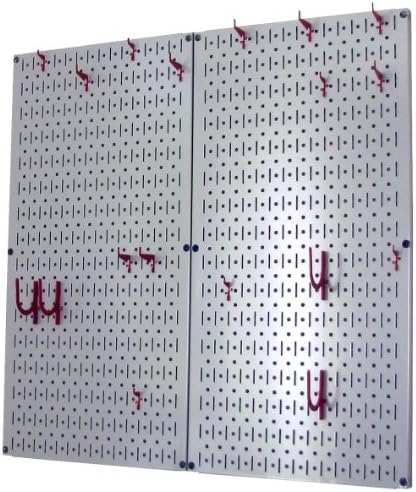 Wall Control Kitchen Pegboard Organizer Pots and Pans Storage Rack Organization Kit with Grey Pegboard and Red Accessories - Image 2