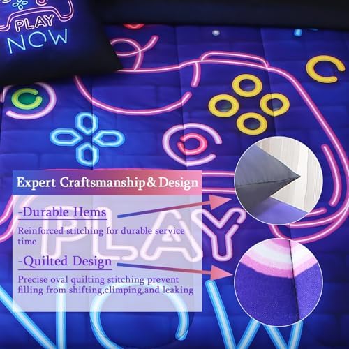 JQinHome Twin Gamer Comforter Set 6 Piece Bed in A Bag for Boys,3D Neon Light Up Design for Classic Console -All Season Soft Microfiber Down Alternative Comforter Gamer Bedding Sets for Kids (Purple) - Image 6