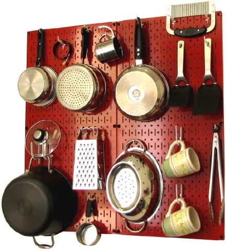 Wall Control Kitchen Pegboard Organizer Pots and Pans Storage Rack Organization Kit with Red Pegboard and White Accessories by Wall+Control