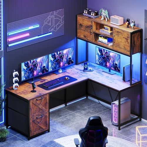 SEDETA Farmhouse L Shaped Office Desk with Drawers, Hutch, Power Outlet by SEDETA