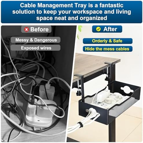 Large Under Desk Cable Management Tray - Heavy Duty Metal Cord Organizer with No Drill Installation for Office & Home Office Desks to Hide Wires & Power Strips (Black, XL) - Image 4