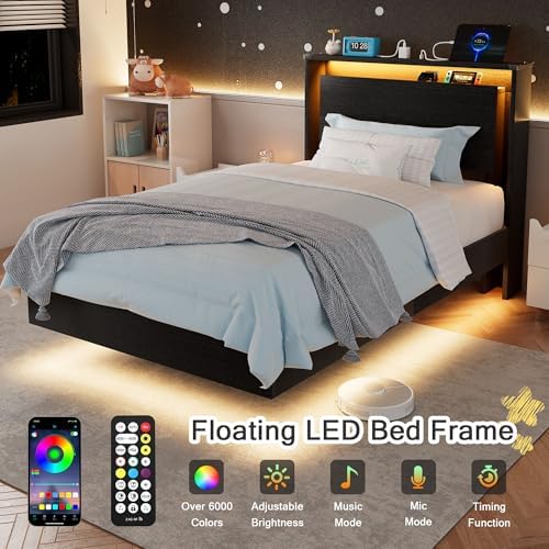Einhomn Twin Bed Frames with LED Lights and Charging Station - Wood Floating Bed Frame with Storage Headboard, Adhesive Slats, Kick-Free & Noise-Free Design, Easy Assembly, Black - Image 4