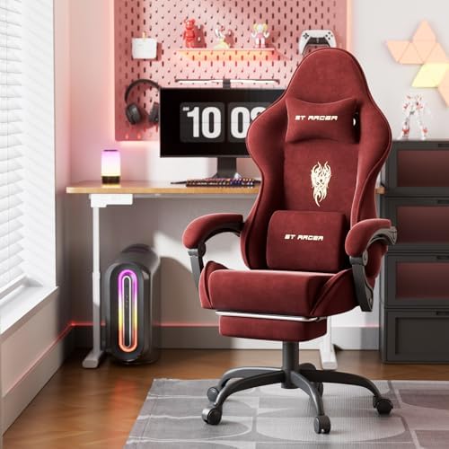 Ferghana Velvet Fabric Gaming Chair, High Back Ergonomic Gamer Chair for Adult, Comfortable Video Game Chair with Footrest and Massage Lumbar Cushion, Racing Reclining Office Computer Desk Chair Red - Image 2