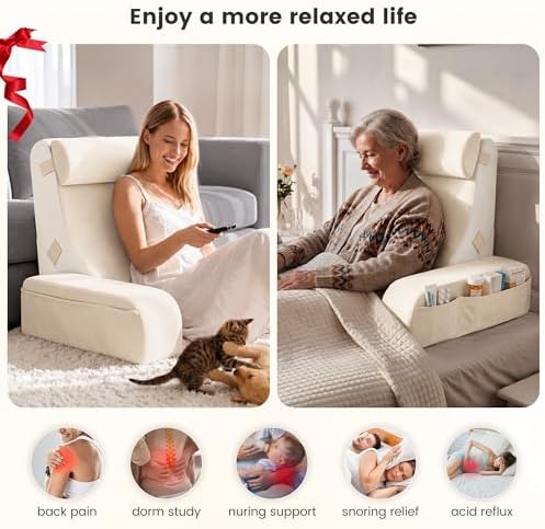 Homkdom Reading Pillow for Sitting in Bed Adult, 22" Back Pillow for Bed Sitting up with Armrests & Storage Pockets, Ergonomic Wedge Pillow for Watching TV, Gaming, Working, Recovery, 5PCS, Beige - Image 4