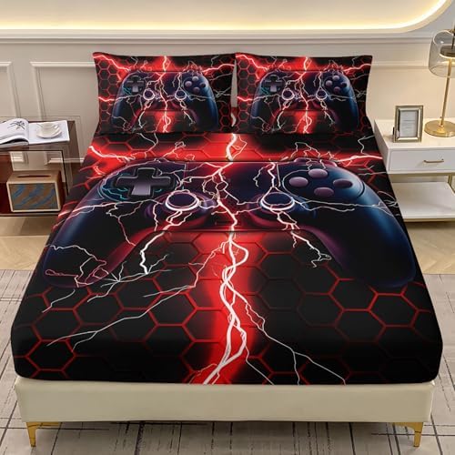AILONEN Red Black Gaming Bed Sheet Set,Boys Queen Size Gamepad Video Game Bedding Set,Soft Lightweight 3 Pieces, 1 Fitted Sheet with 2 Pillowcases by AILONEN