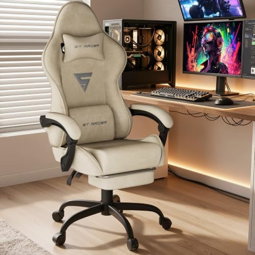 Ferghana Ergonomic Velvet Gaming Chair with Massage, Footrest & Reclining High Back, Racing Style Computer Desk Chair for Adults, Home Office Use, Beige - Image 2