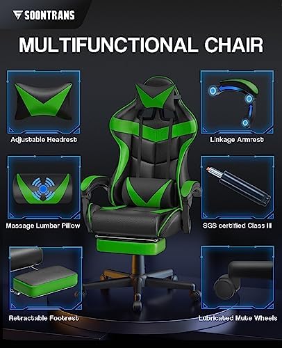 Soontrans Green Gaming Chair with Footrest,Racing Gaming Chair,Computer Gamer Chair,Ergonomic Game Chair with Adjustable Headrest and Lumbar Support(Jungle Green) - Image 3