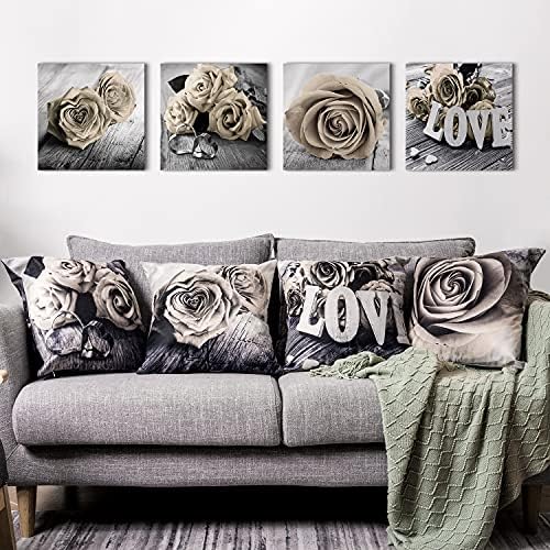 Set of 4 Rose Flower Decorative Throw Pillow Covers 20x20” Beige Cream Flower Pattern Pillow Cases Square Sofa Bed Home Decor Vintage Floral Pillow Cushion Cases Cotton Linen Outdoor Home Decorative - Image 3