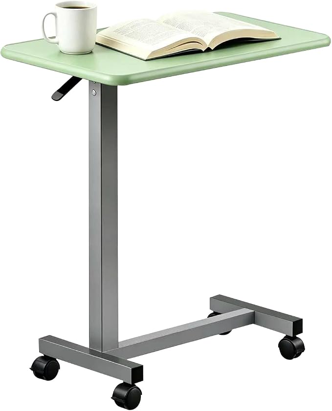 Adjustable Overbed Table with Wheels, Pneumatic Height Lift Rolling Bedside Table, Standing Desk for Home & Office Use, Ideal for Seniors & Limited Mobility (Light Green) by Unknown