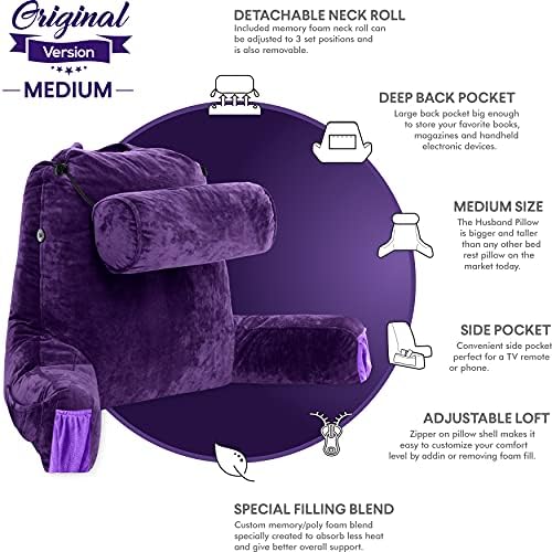 Husband Pillow Medium Reading Pillow with Arms - 23" Backrest for Sitting Up in Bed - Firm Support Bed Rest Pillow for Adults, Neck Roll, Removable Cover - TV, Reading, Lounging - Purple - Image 5
