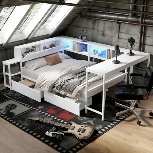 Bellemave Twin Size Corner Bed Frame with Storage Drawers, Bookcase and Side Desk, Twin Corner Bed with Light and Charging Station, Daybed for Bedroom, Living Room, Guest Room White by Bellemave