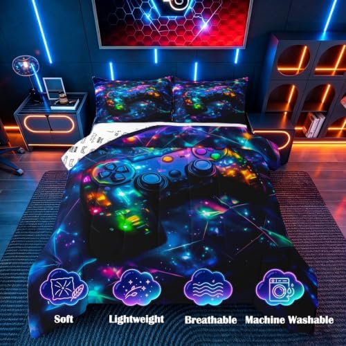 Feelyou Kids Gamer Comforter Set Toddler Size, Galaxy Gaming Bedding Set Glitter Game Comforter Boys Girls Gamepad Teens Duvet Set Bedroom Decor Bed Set 2Pcs - Image 2