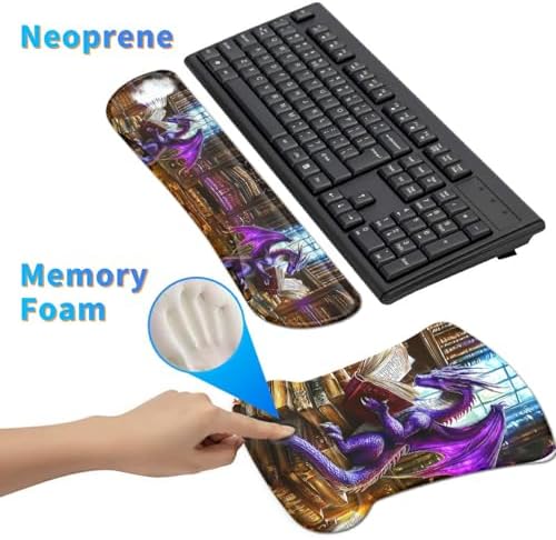 3-in-1 Ergonomic Mouse Pad with Wrist Support, Memory Foam Keyboard Wrist Rest Pad Set & Coaster, Non-Slip Base Desk Mat with Purple Dragon Book for Office Home Computer & Laptop - Image 4