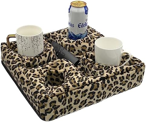 Couch and Bed Cup Holder Pillow, Sofa Refreshment Tray for Drinks/Remote Control/Snacks Holder (Leopard) by Xchouxer