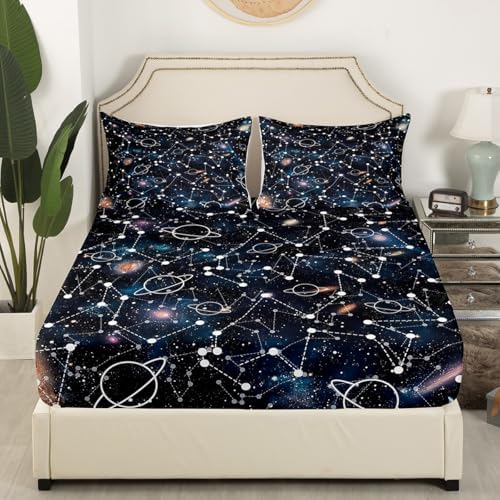 Galaxy Bed Sheets Set King Constellation Sheet Set 4 Pcs Purple Universe Print Top Sheets For Kid Men Women + Deep Pocket Fitted Sheets + Starry Sky Flat Sheet + Decor 2 Pillow Cases Boys Girls - Image 4
