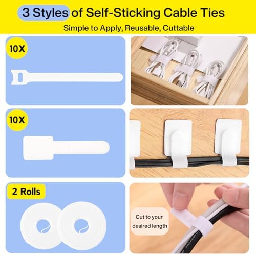 [313Pcs] Cable Management Kit, 67 Adhesive Cable Clips, Topavatop Desk Cord Organizer, 22 Reusable Cable Strap, 4 Cable Sleeve Split, 200 Nylon Cable Zip Ties with 20 Mounts for TV Office Home, White - Image 5