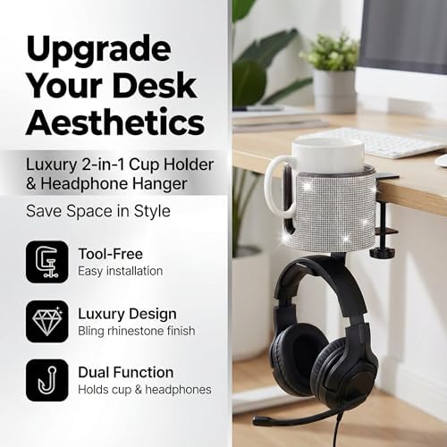 2-in-1 Desk Cup Holder with Headphone Hanger (Bling Bling) - Image 2