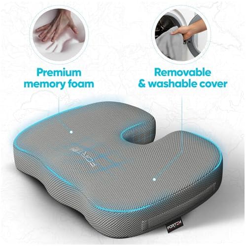 FORTEM Seat Cushion, Office Chair Cushion for Tailbone Sciatica Pain Relief | Memory Foam Pillow for Car | Ergonomic Design | Washable Cover | Non Slip | Grey - Image 3