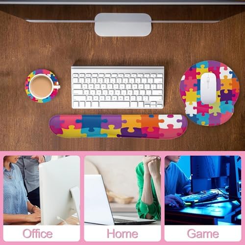 Autism Awareness Puzzle Colorful Keyboard Wrist Rest Pad and Mouse Pad Wrist Support Set,3-in-1 Ergonomic Mouse Pad with Non-Slip Rubber Base for Home Office Game Computers Desk, - Image 6