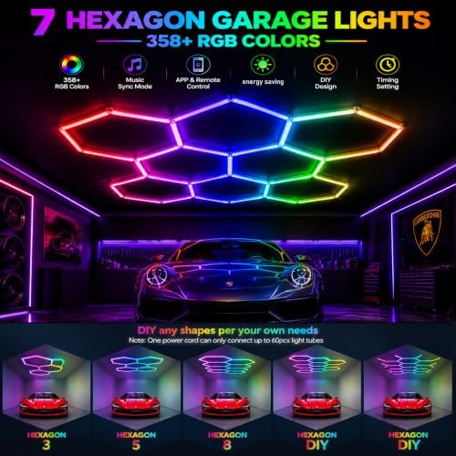 RGB Hexagon LED Garage Lights, 7 Hexagons 31 Tubes, App & Remote Control Color Changing Honeycomb Wall Ceiling Lights for Garage, Gaming Room, Gym, Car Detailing Shop - Image 2