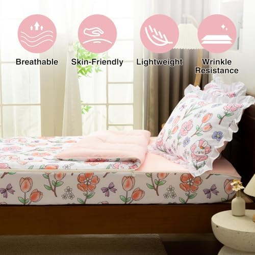 A Nice Night Zipper Bedding for Girls Chic Flower Comforter Set, Cute Rabbits Bow Printed Kids Bedding Set,Twin Size - Image 3
