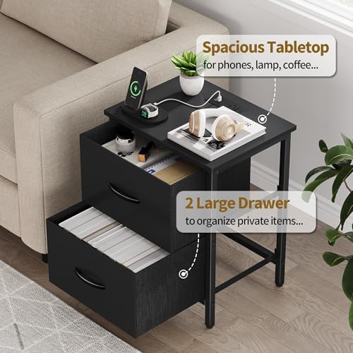 Vagusicc Nightstand Set of 2 with Charging Station, End Table Bedside Table with Power Outlet & USB Ports, Side Table with 2 Fabric Drawers for Bedroom, Living Room, Black - Image 5